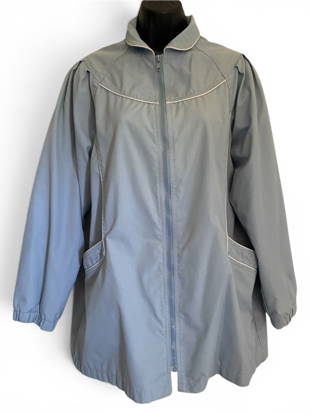 Vintage 80s Retro Grannycore Light Blue Zip-Front Rain Jacket Windbreaker Sz L